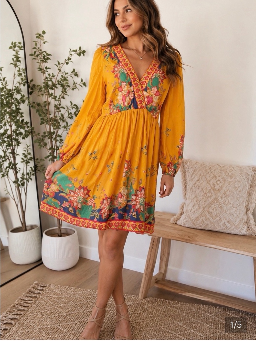 ANTONIO MELANI Mustard Yellow Floral Embroidered V‑Neck Long Sleeve Dress
